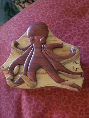 Handcrafted Wooden Octopus Puzzle Box - Brown and Natural